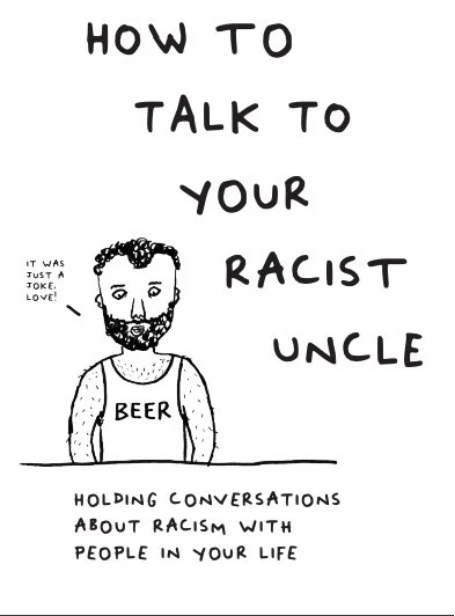Hand-drawn zine cover: a bearded man in a BEER singlet saying “it was just a joke, love!”