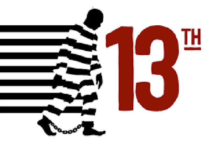 Title art for the documentary 13th: a shackled figure walking behind prison bars
